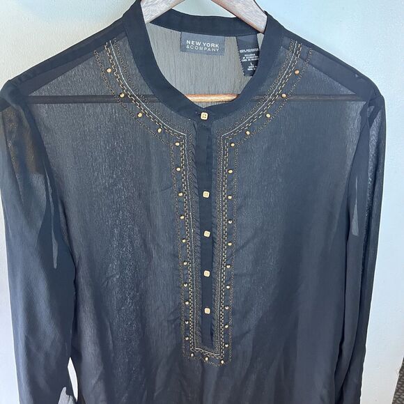 NEW YORK & COMPANY Sheer Black Embroidered Beaded Tunic Swim Cover-Up Large - Picture 4 of 14